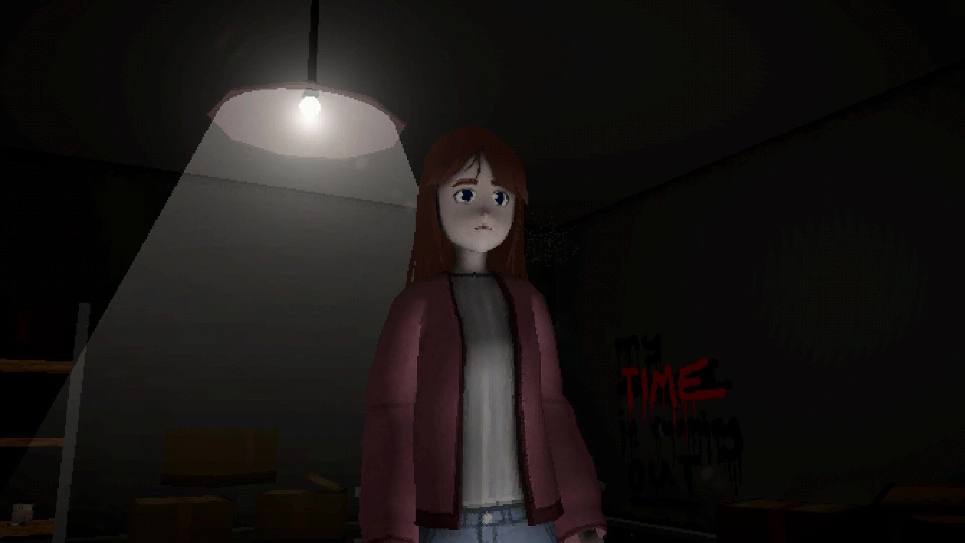 Solace Creek: Red-haired girl stands under a hanging light in a dark room with graffiti on wall.