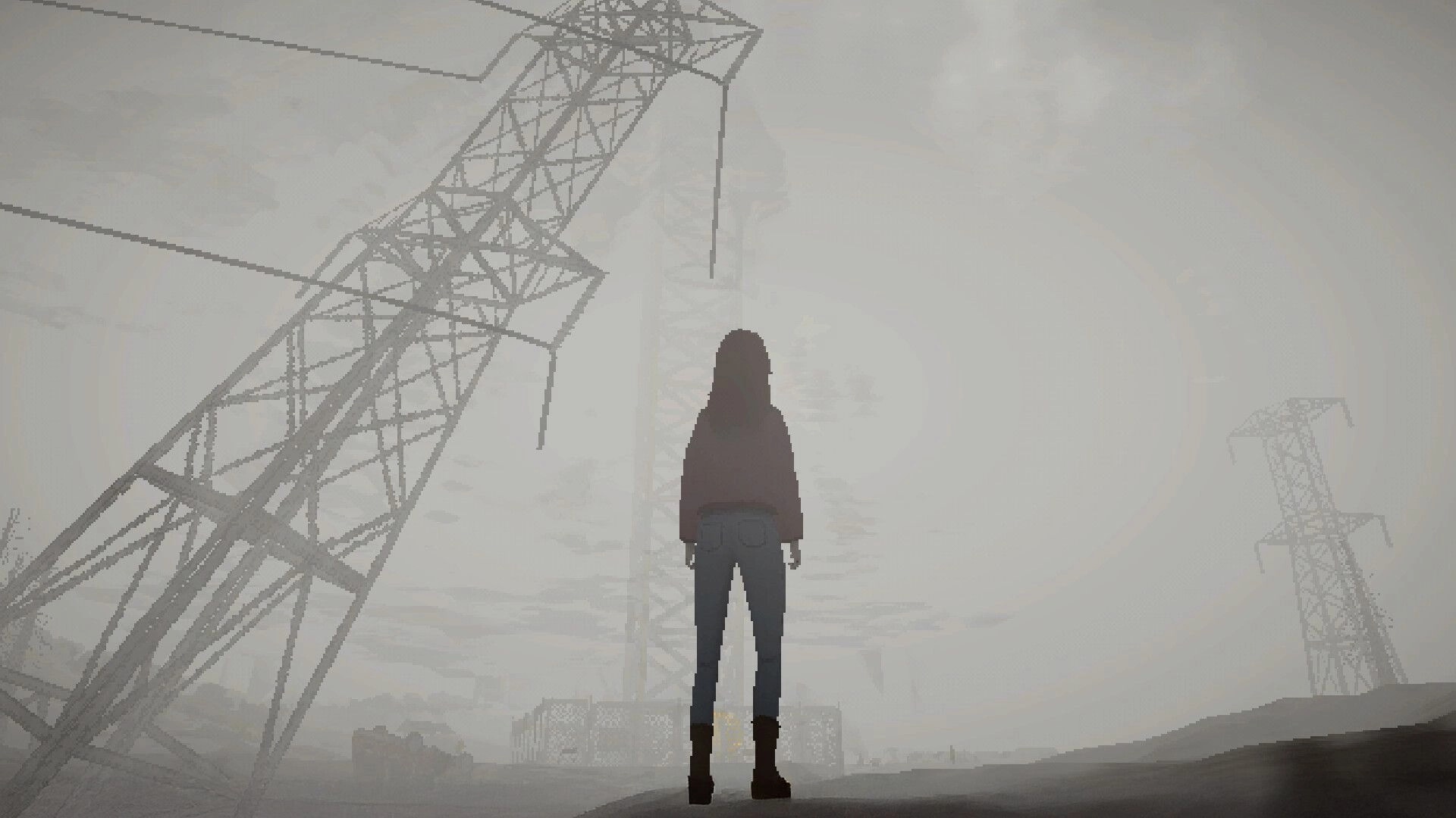 Solace Creek: Third-person view of a lone woman facing foggy power pylons in a desolate field.
