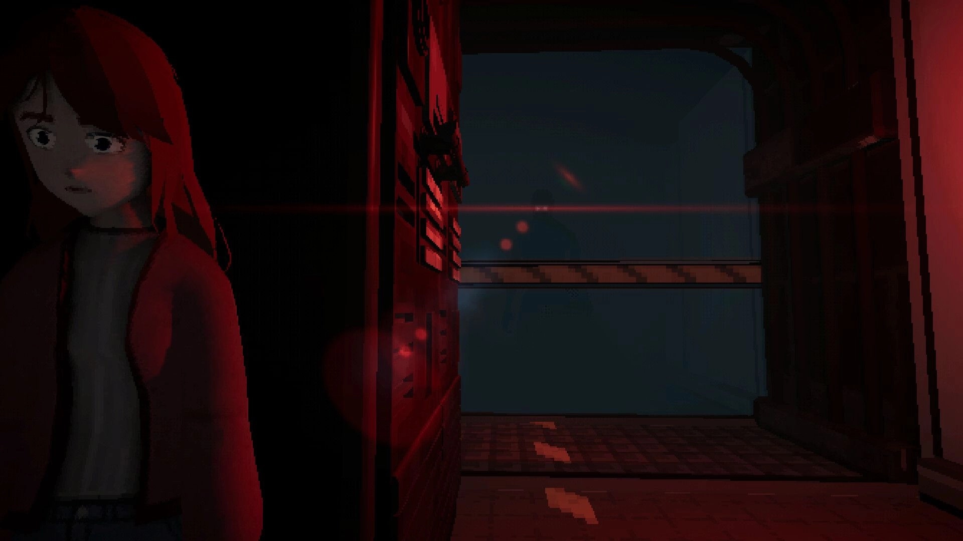 Solace Creek: Girl hides beside a locker in red light, watching a dark corridor with foggy window.