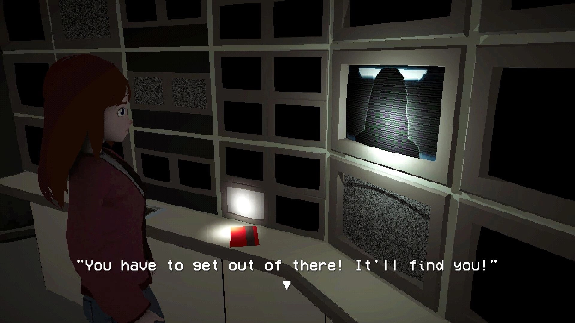 Solace Creek: Woman watches CCTV with shadowy figure, dialogue warning displayed in control room monitors.