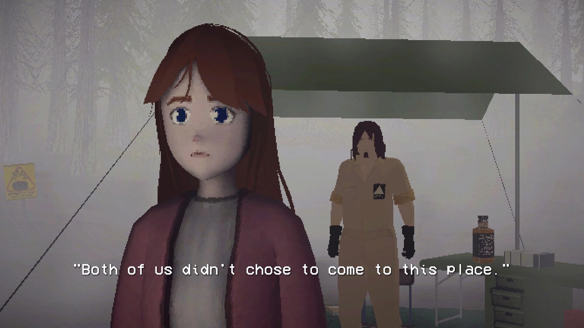 Solace Creek: Dialogue scene with red-haired girl and hazmat-suited man inside a dim tent shelter.