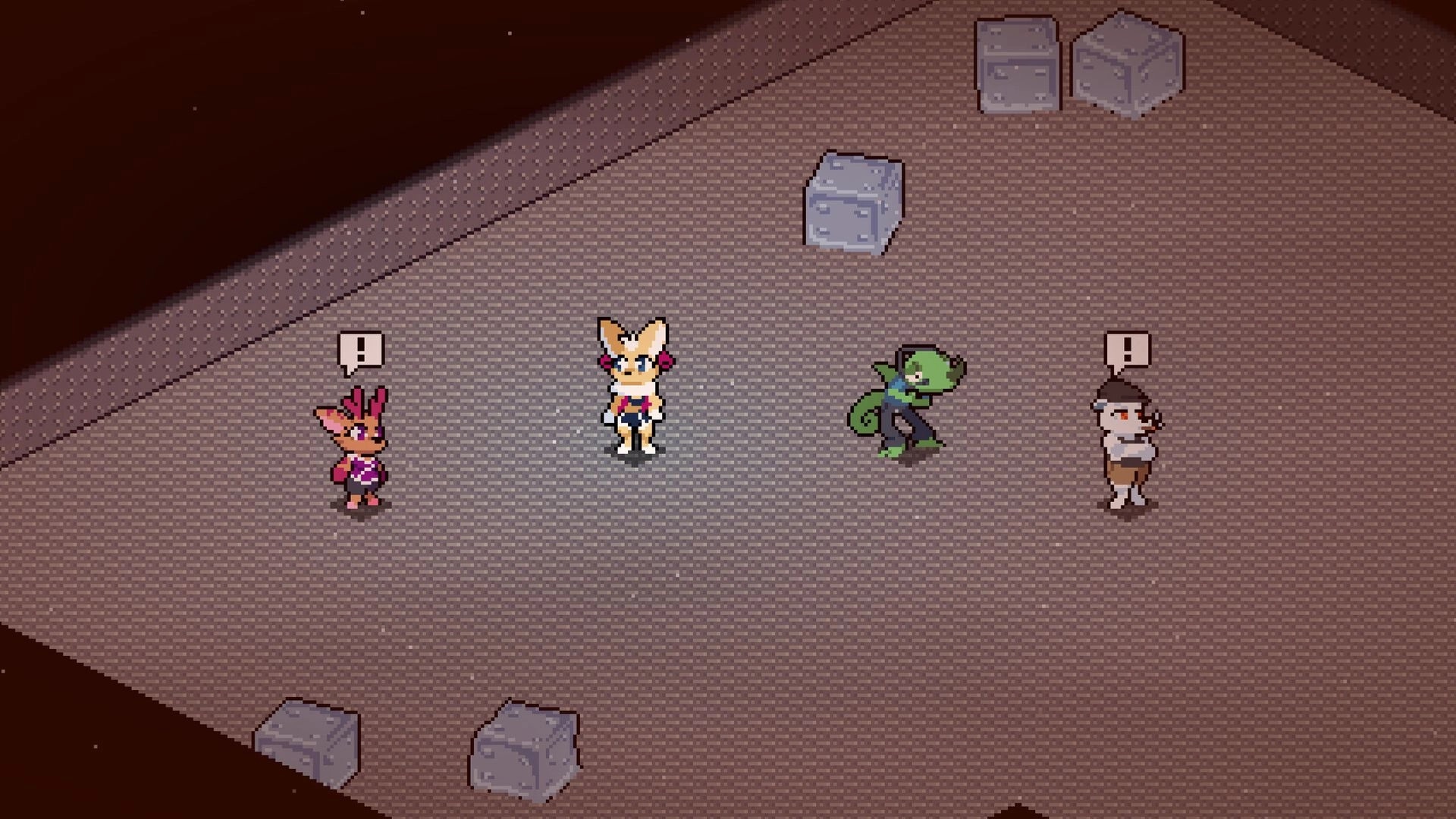 Solar Voltage: Volt and her crewmates stand on a barren platform with exclamation marks above them