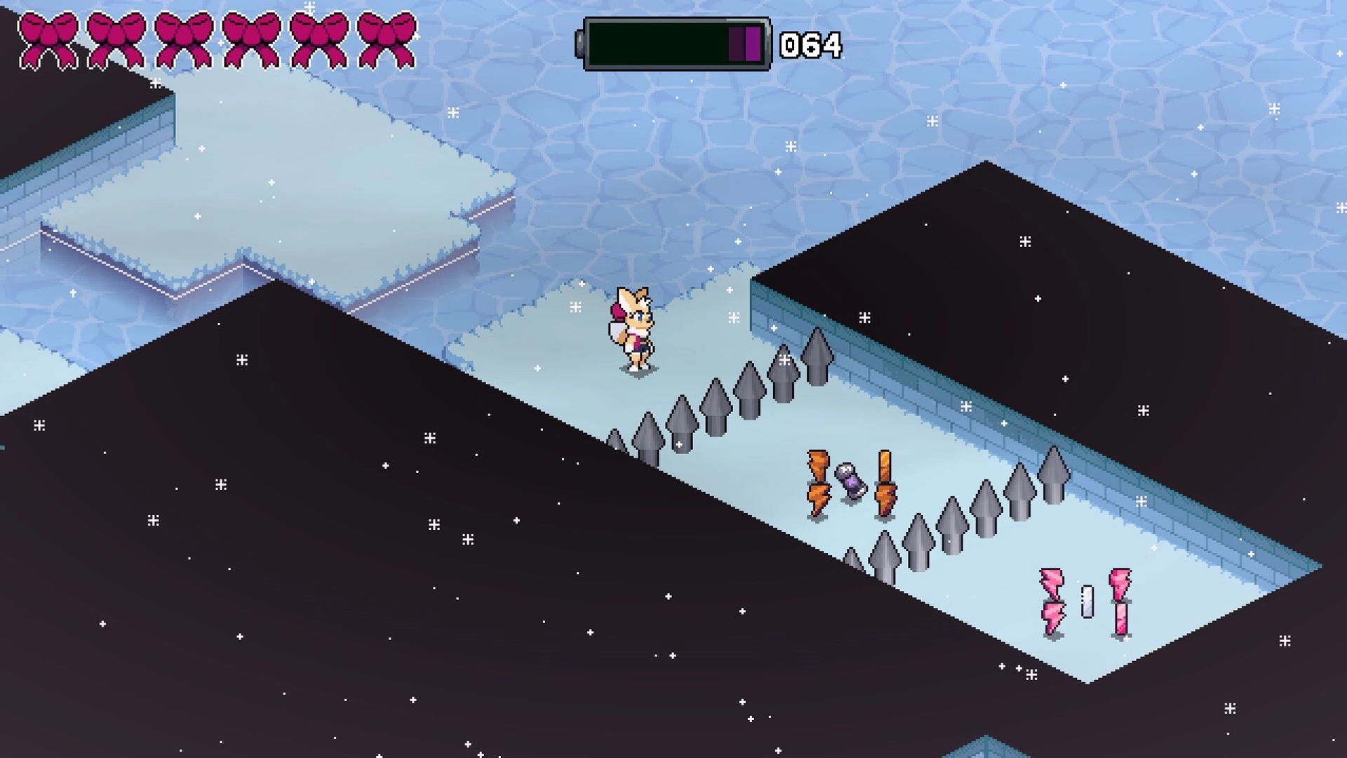 Solar Voltage: Volt navigates icy platform with health bar and enemy robots in a snowy environment