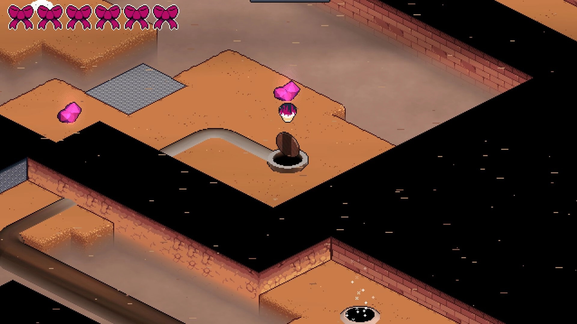 Solar Voltage: Volt navigates maze-like terrain collecting pink crystals with health icons at the top