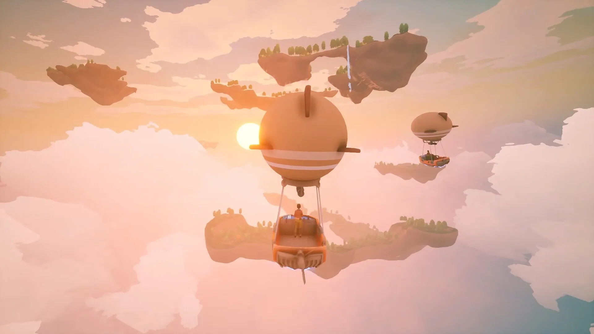 Solarpunk: Airship navigation through a sky filled with floating islands during a vibrant sunset.