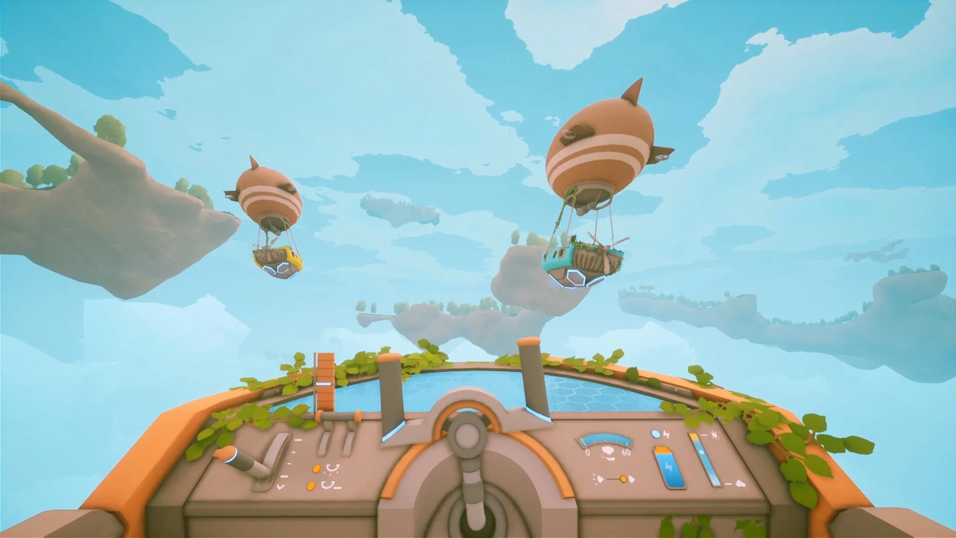 Solarpunk: Airship cockpit view with two floating islands and airships in a bright, cloudy sky environment