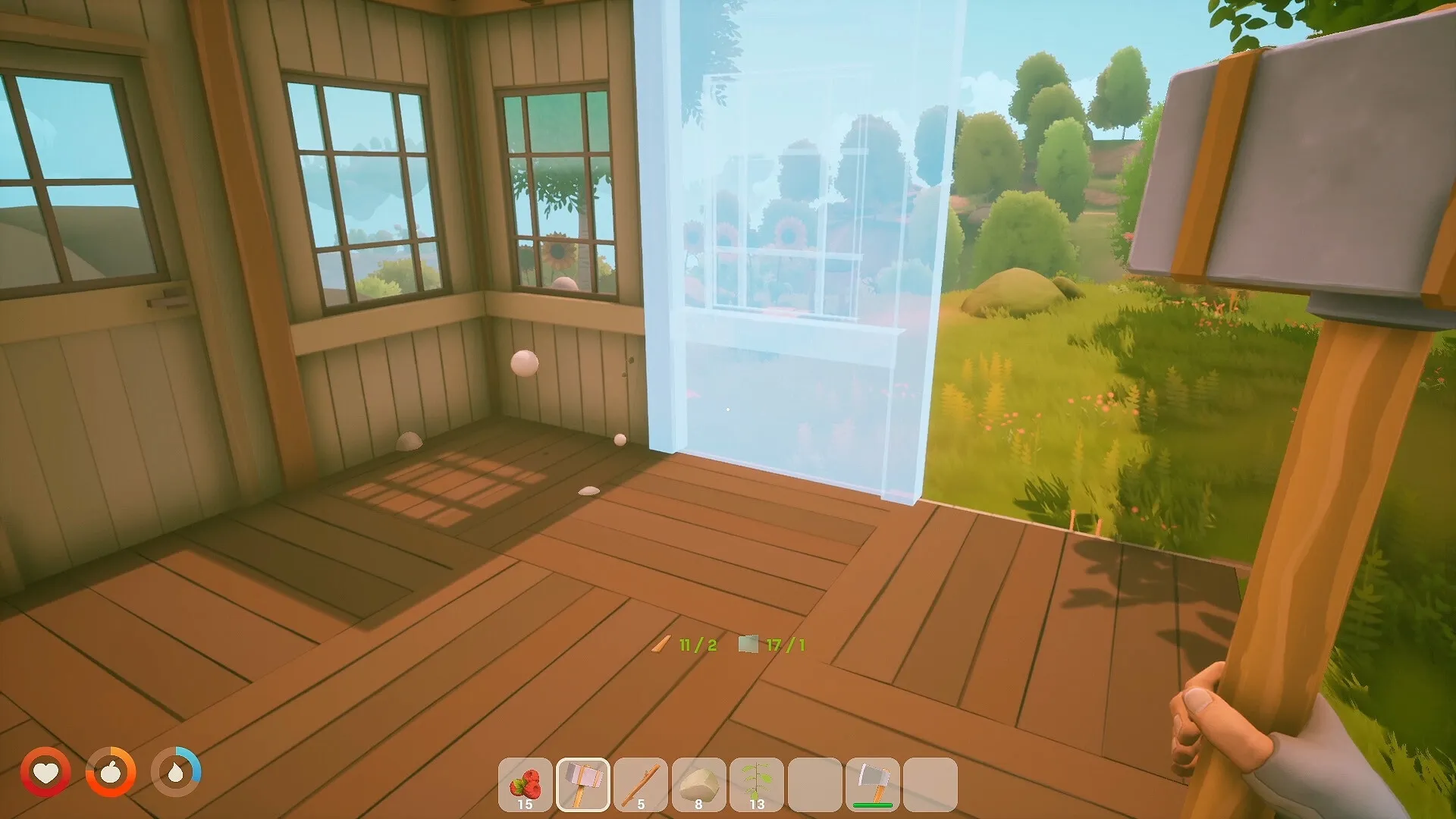 Solarpunk: Player building a house with a blueprint tool on a sunny floating island landscape