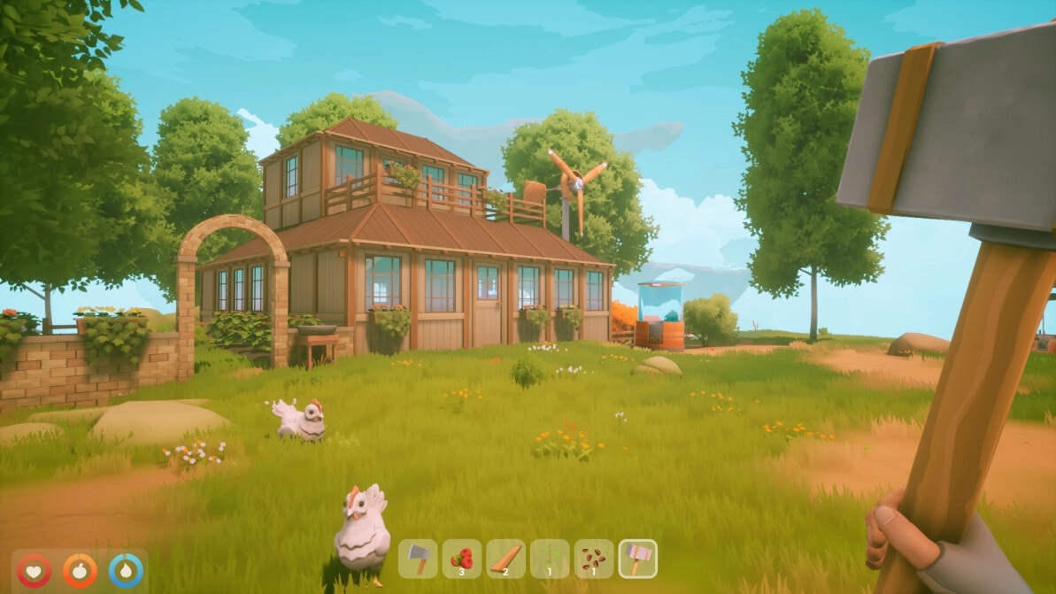 Solarpunk: Player holding axe on grassy field with chickens, house, and wind turbine in the background