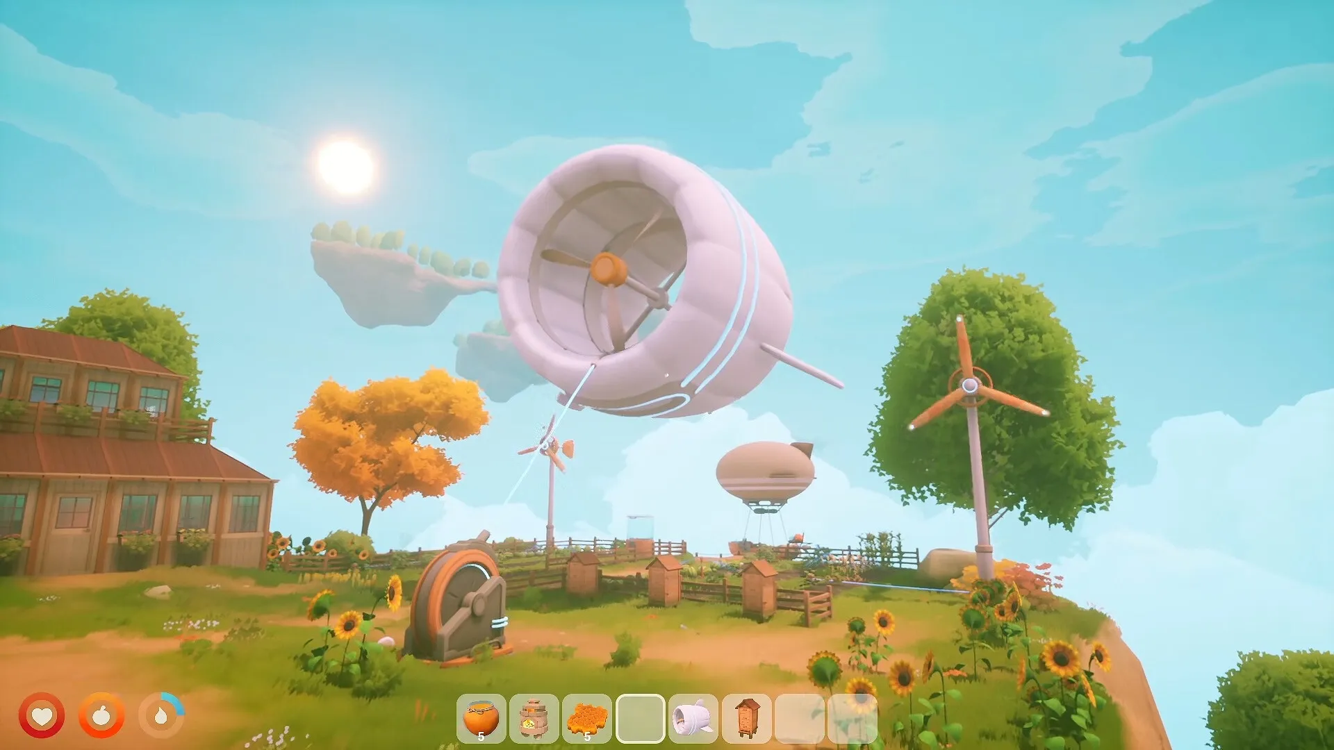Solarpunk: Airship and wind turbines in a vibrant floating island landscape with sunflowers and trees.