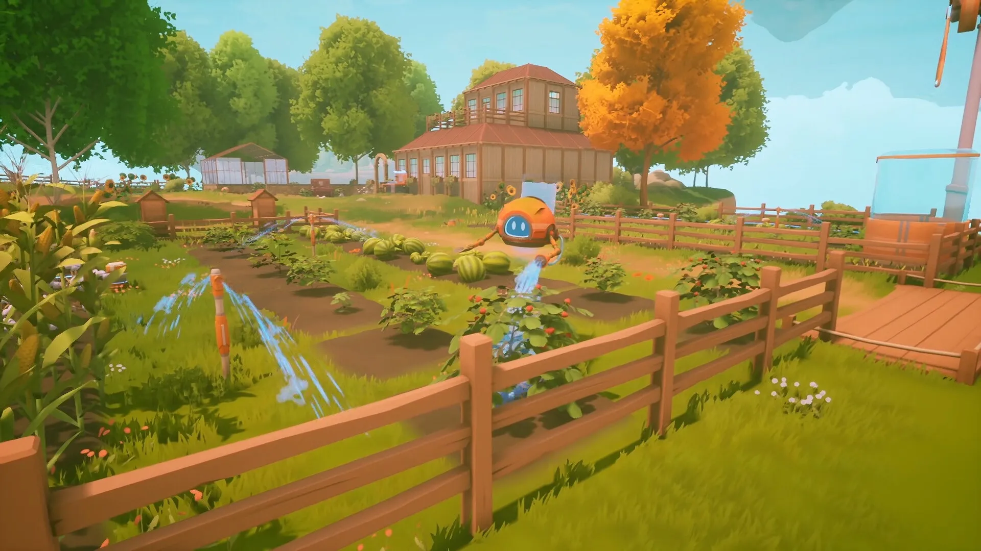 Solarpunk: Farming robot tending crops in a lush garden with greenhouses and trees on a floating island