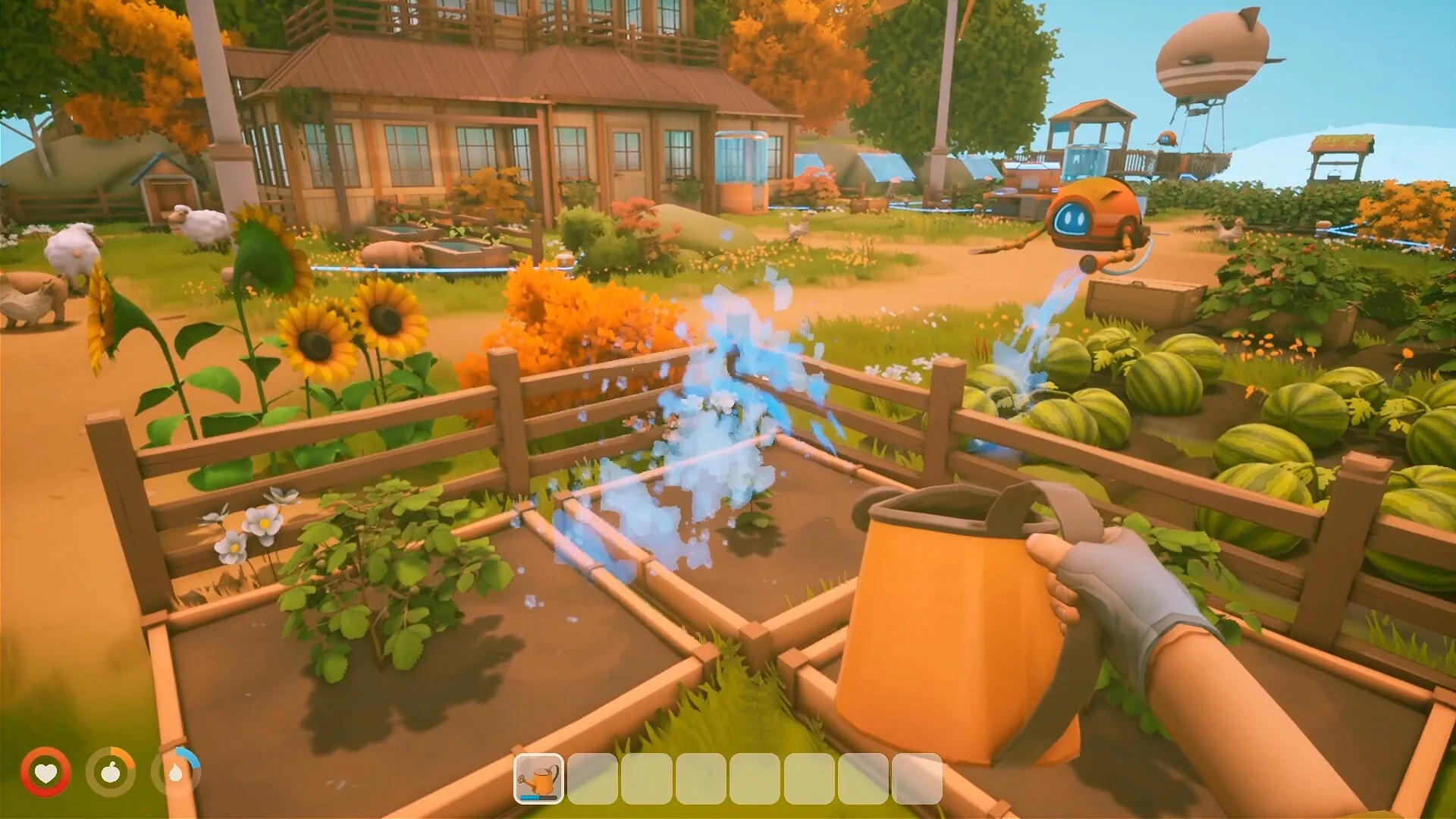 Solarpunk: Player waters garden with watering can in vibrant farm setting with crops and animals.