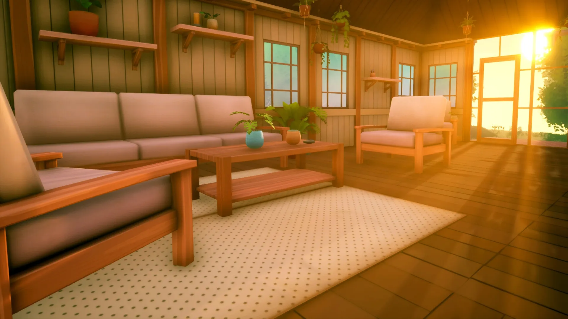 Solarpunk: Cozy living room with wooden furniture and sunlight streaming through large windows