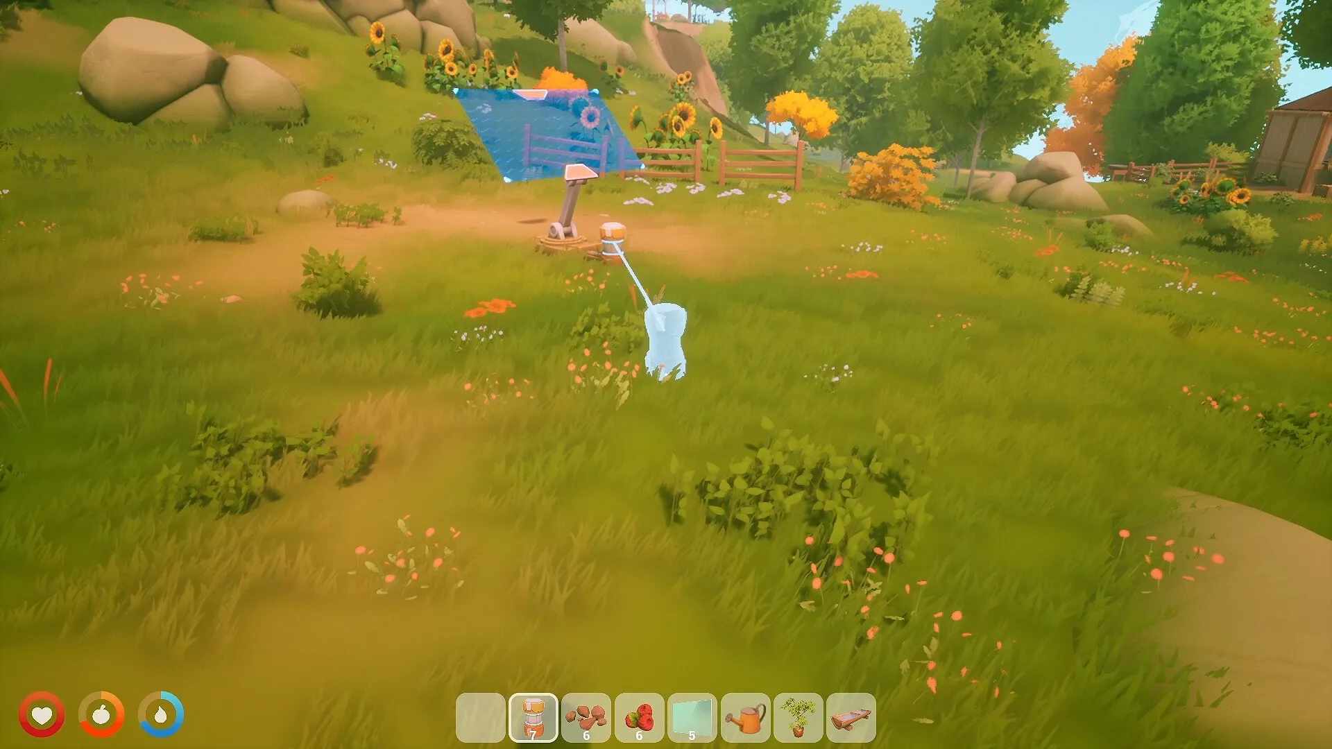 Solarpunk: Player character using a hammer near a solar panel in a grassy, sunlit meadow with trees.
