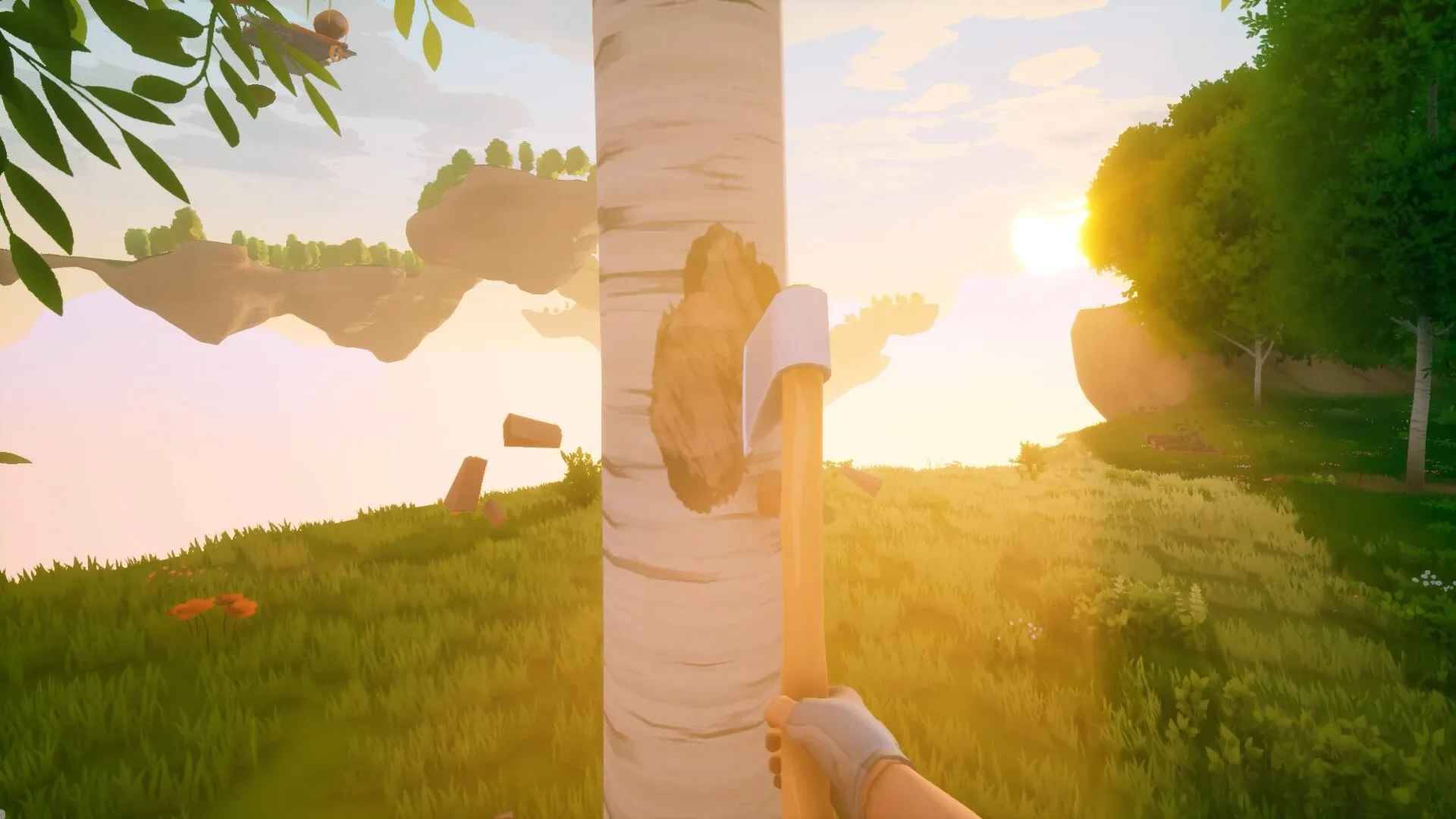Solarpunk: Player chops tree with axe on grassy floating island at sunset with distant airship visible