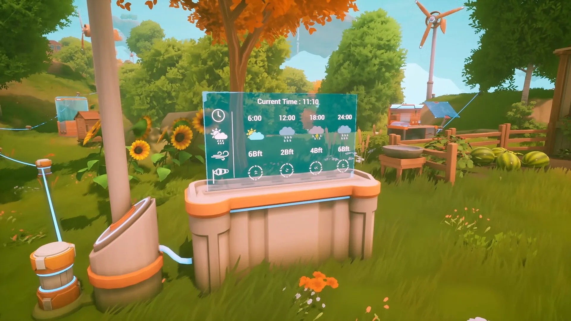Solarpunk: Weather forecast screen amidst lush gardens and wind turbines on floating island