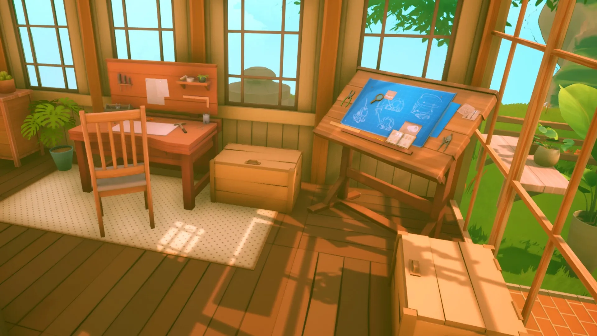 Solarpunk: Cozy workshop interior with wooden furniture and blueprints, surrounded by lush greenery