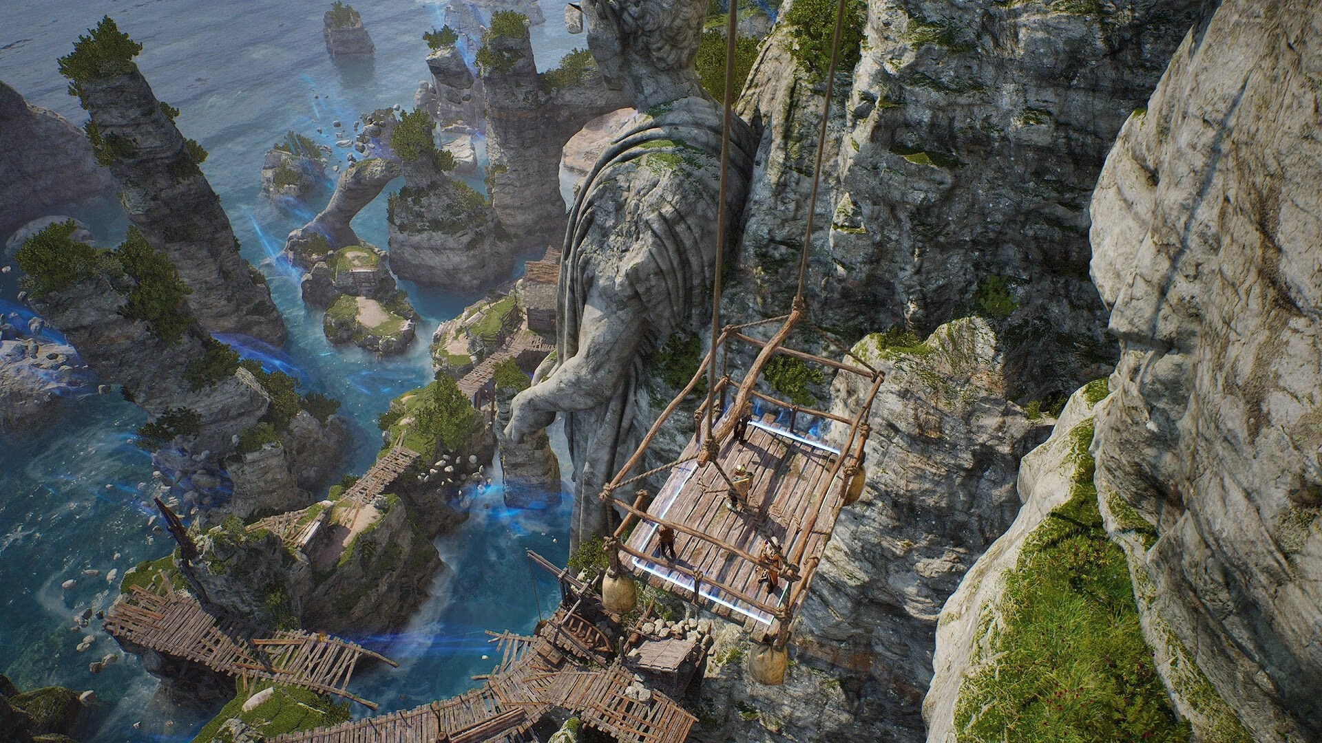 Solasta II: Adventurers on a wooden platform suspended by ropes over a vast ocean and rocky cliffs