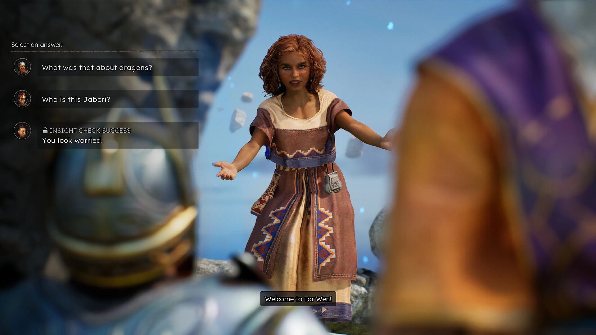 Solasta II: Dialogue options with a welcoming character in a mountainous environment