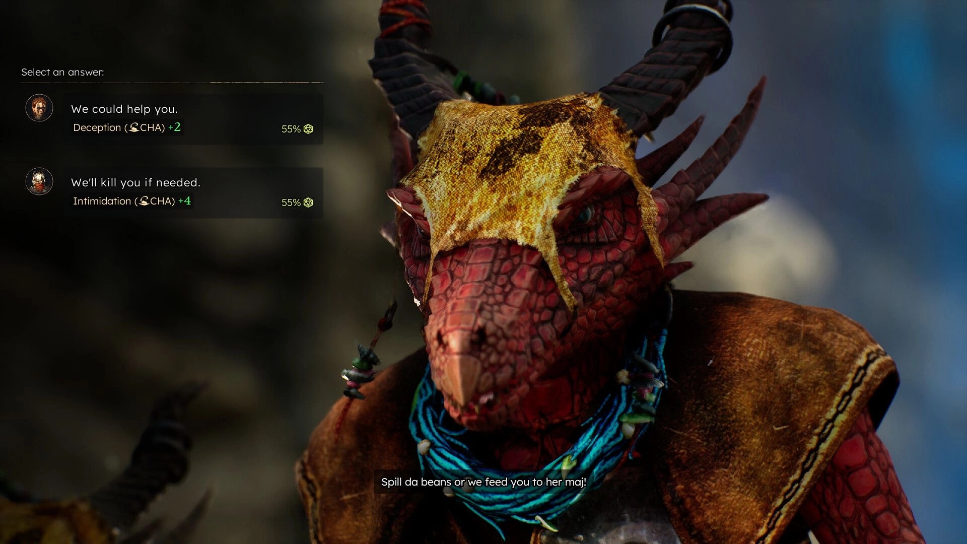 Solasta II: Dialogue choice with lizard character in forest setting, options for deception or intimidation