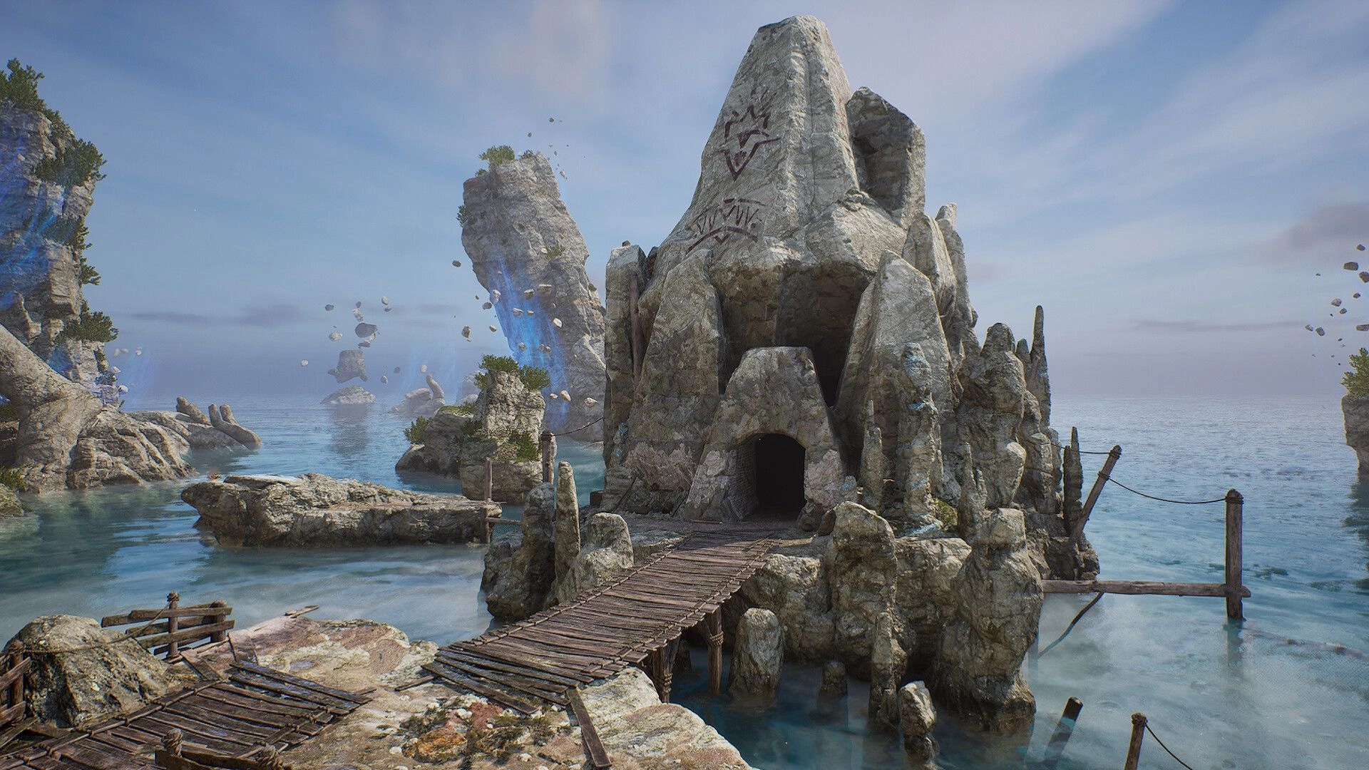 Solasta II: Rocky coastal cave entrance with wooden bridge surrounded by blue ocean and floating rocks