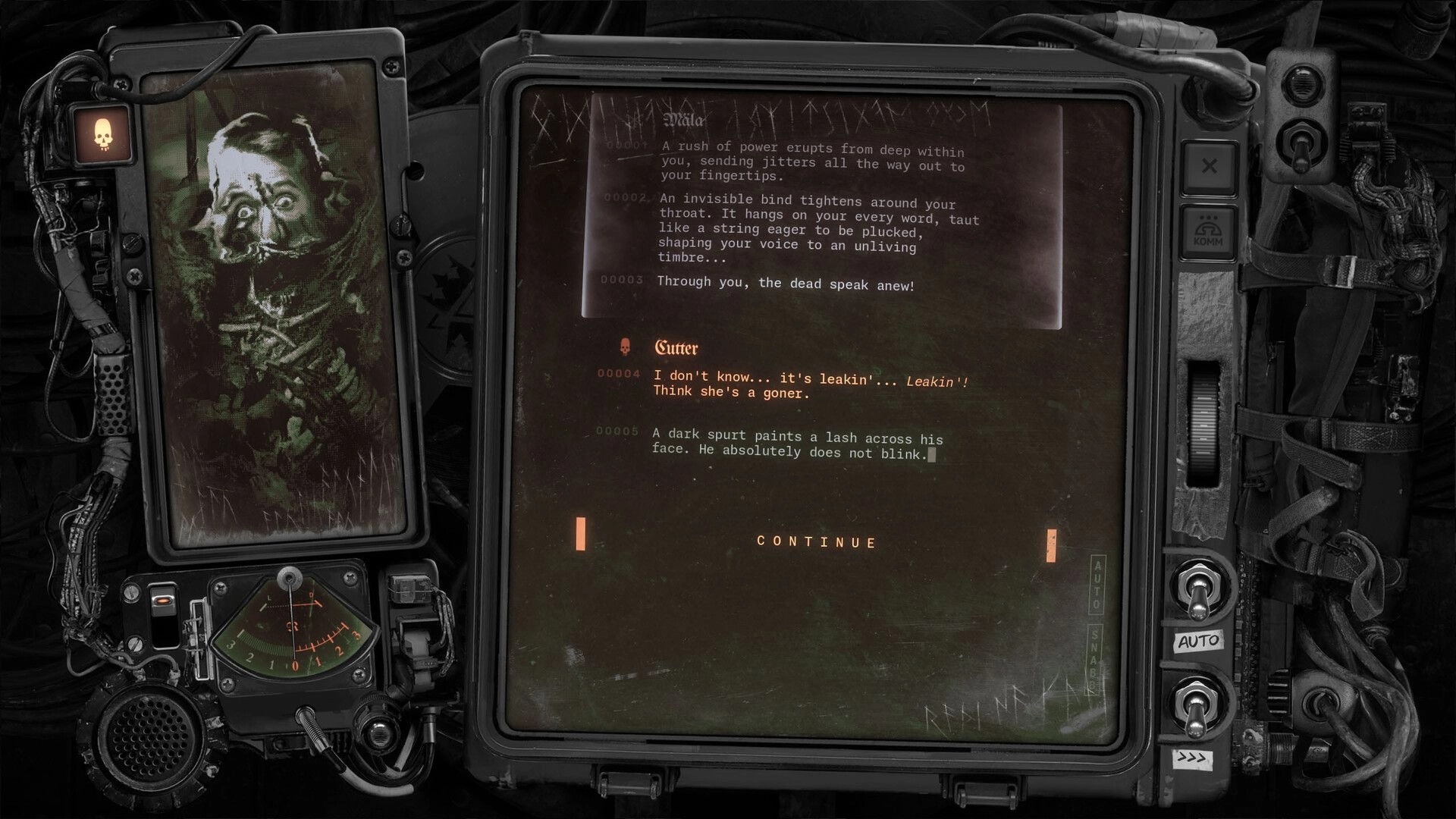Solbrand: Dialogue interface with corpse portrait and text log, Continue prompt on ship console screen.