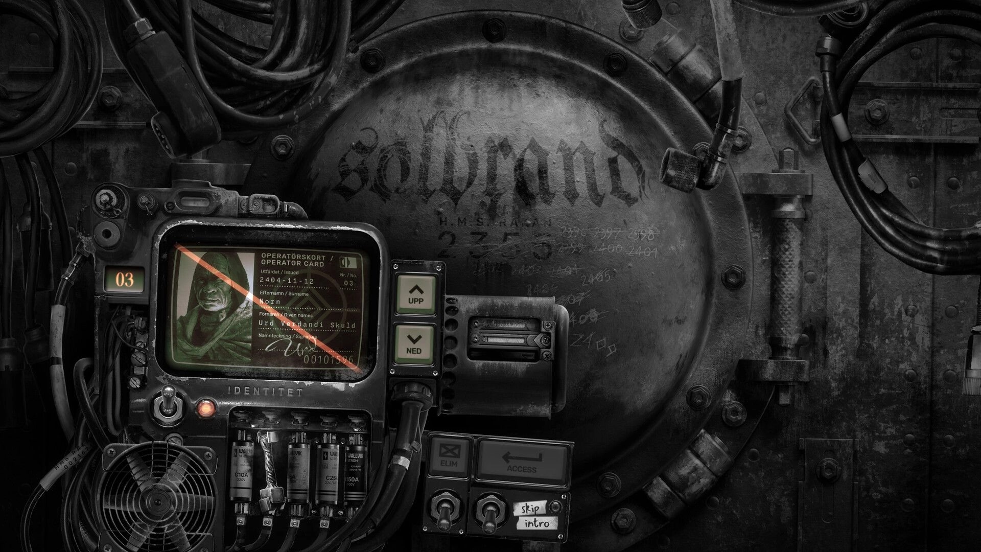 Solbrand: Operator card ID screen on a console beside a steel hatch, cables and access controls visible.