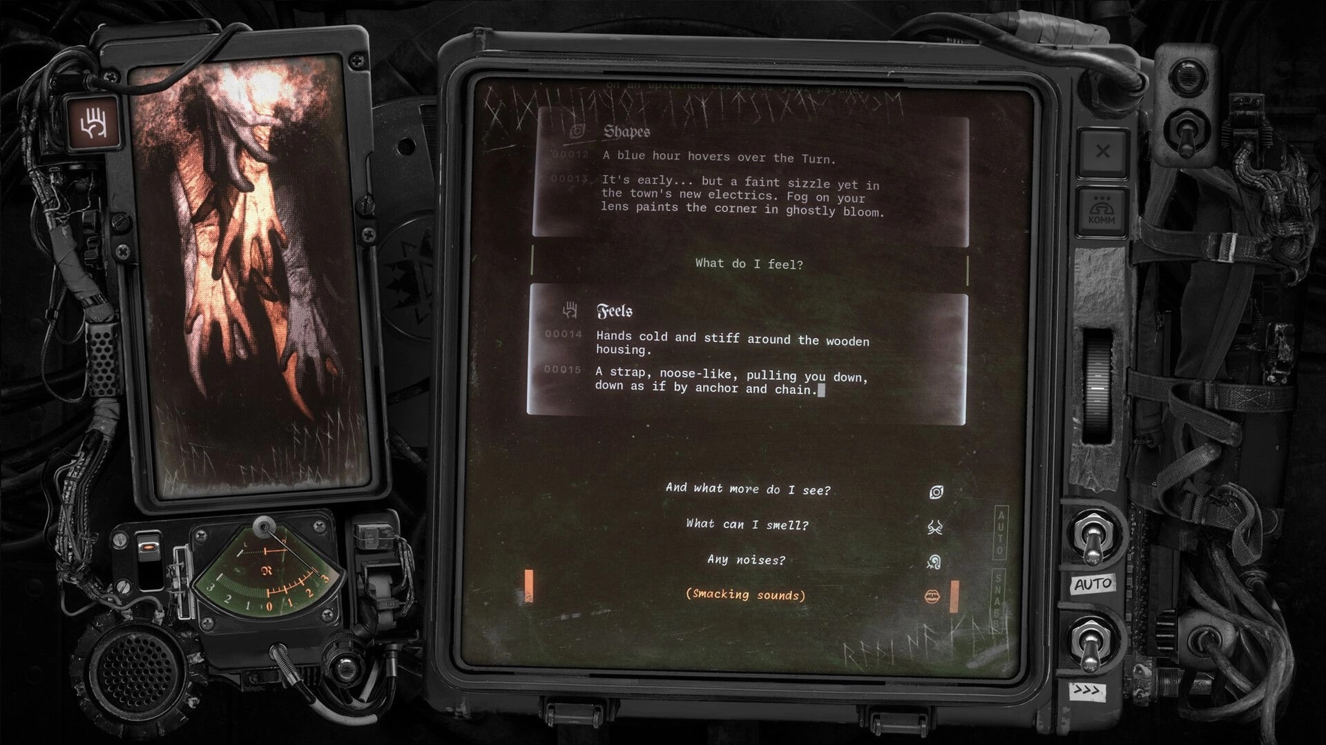 Solbrand: Dialogue interface with sensory choices and eerie hand photo on rugged ship console display.