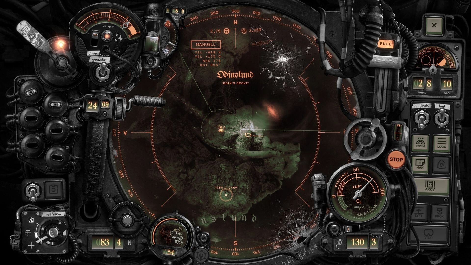 Solbrand: Submersible navigation console with sonar map of Odinslund, packed dials and control switches.