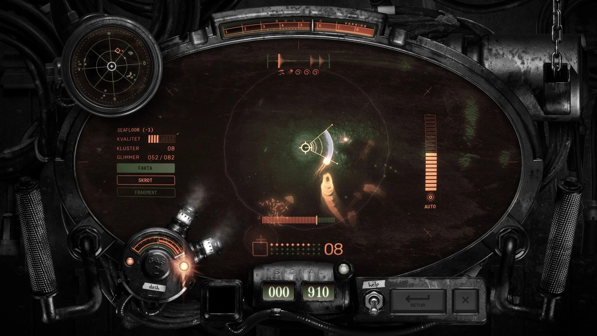 Solbrand: Sonar scanning interface with radar blips and signal meters inside a sub cockpit display.