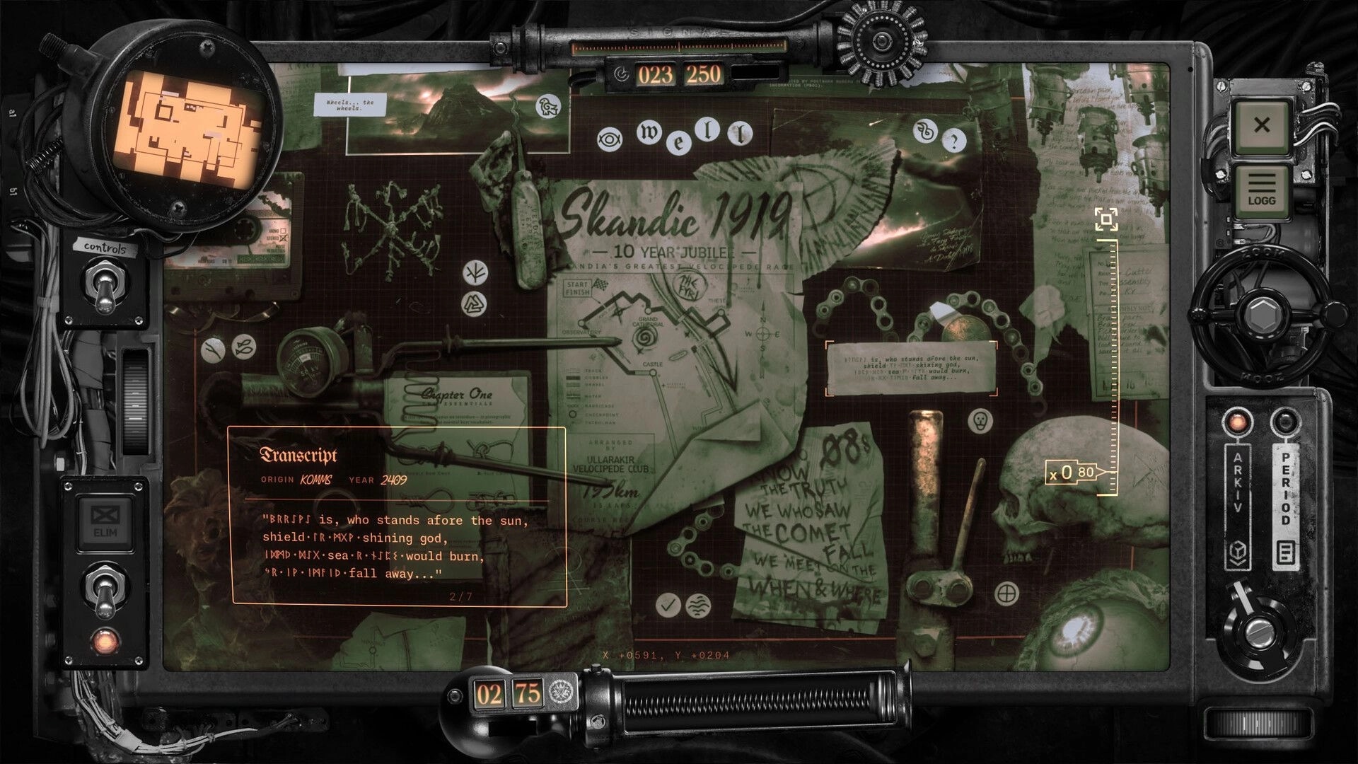 Solbrand: Transcript puzzle UI over a cluttered desk board with maps, notes, skull, and tools.