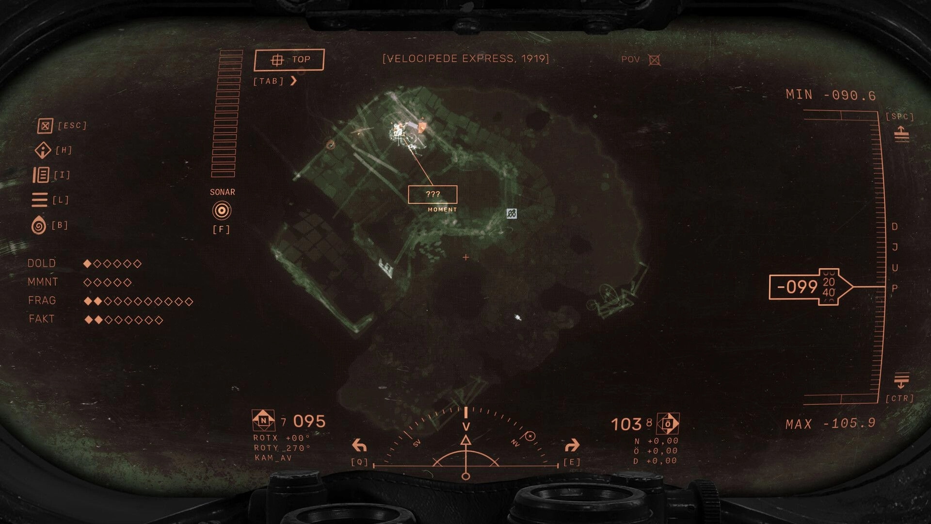 Solbrand: Sonar HUD scans a submerged wreck labeled Velocipede Express, 1919 in dark water.
