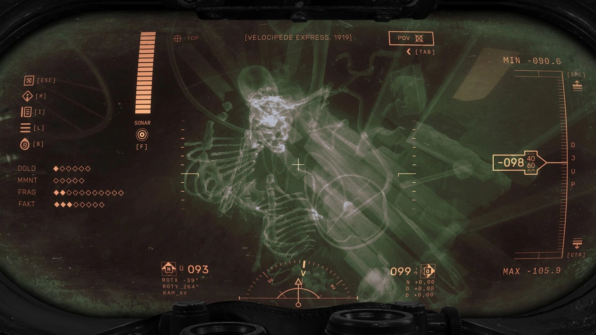 Solbrand: Submersible sonar HUD scanning skeletal remains amid wreckage in green-tinted view mode.