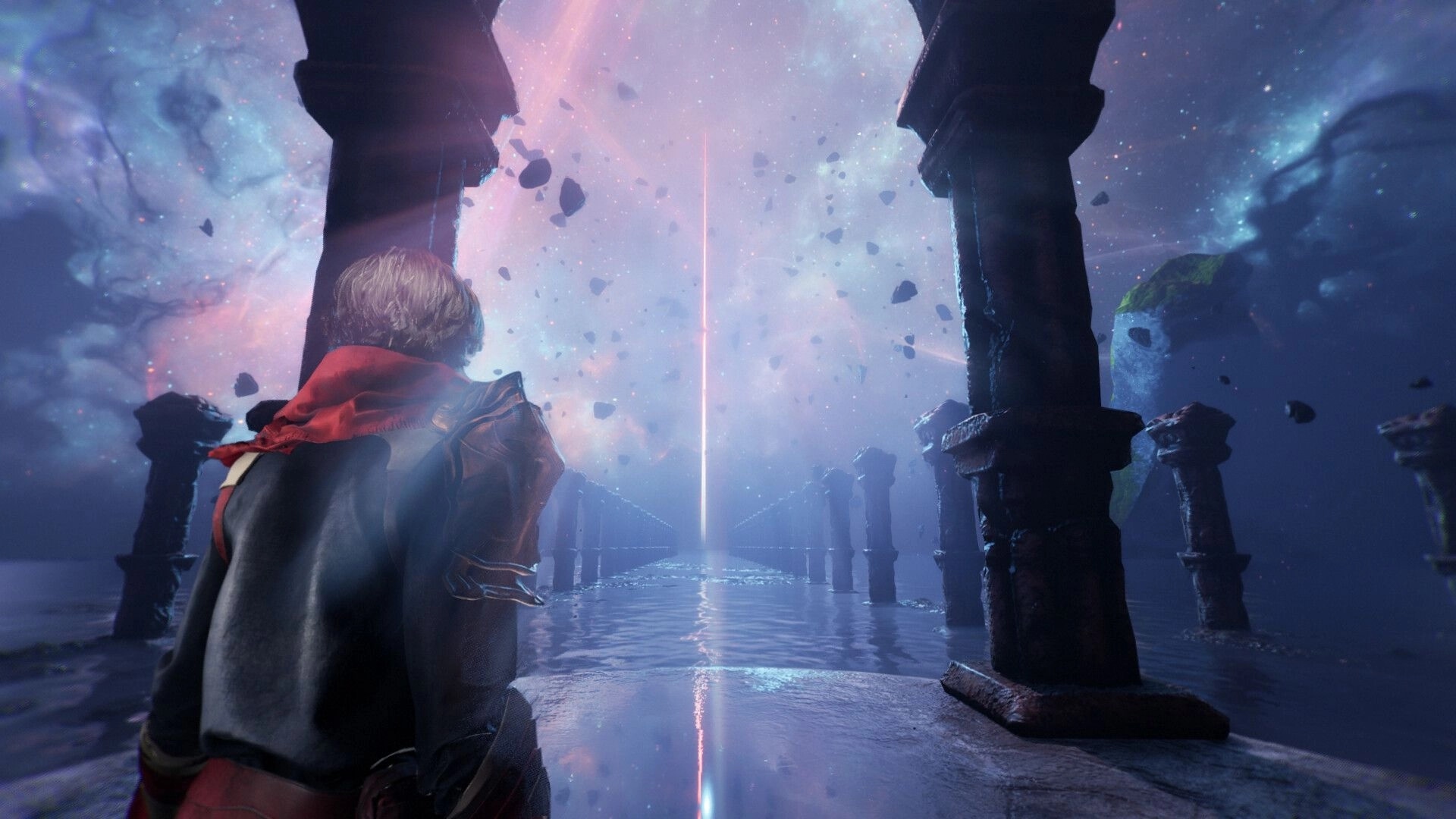 Sole Salvation: Over-the-shoulder hero on flooded stone walkway facing a skyward beam among pillars.