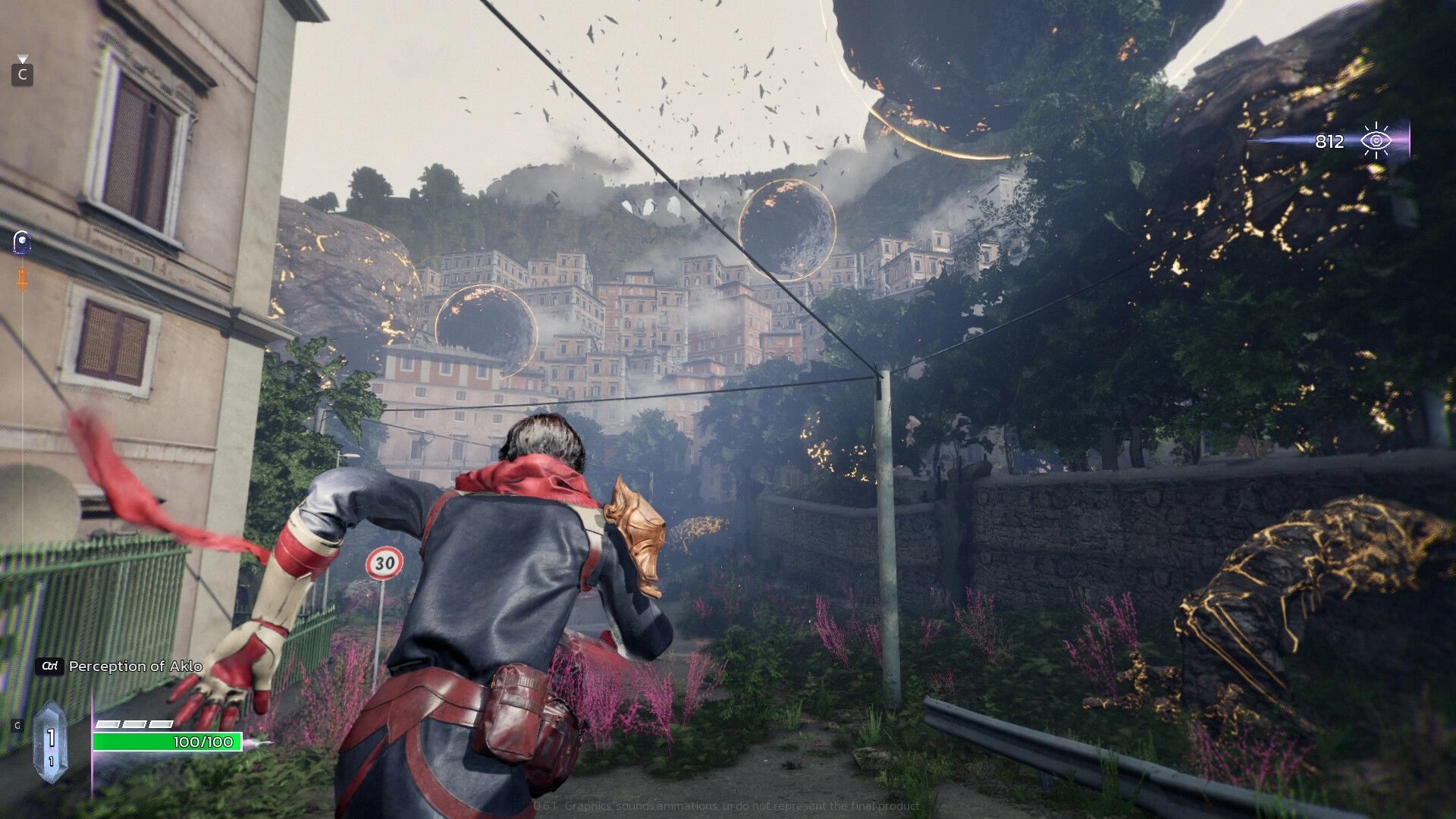 Sole Salvation: Player character sprinting down a street toward floating ruins over a misty cityscape.
