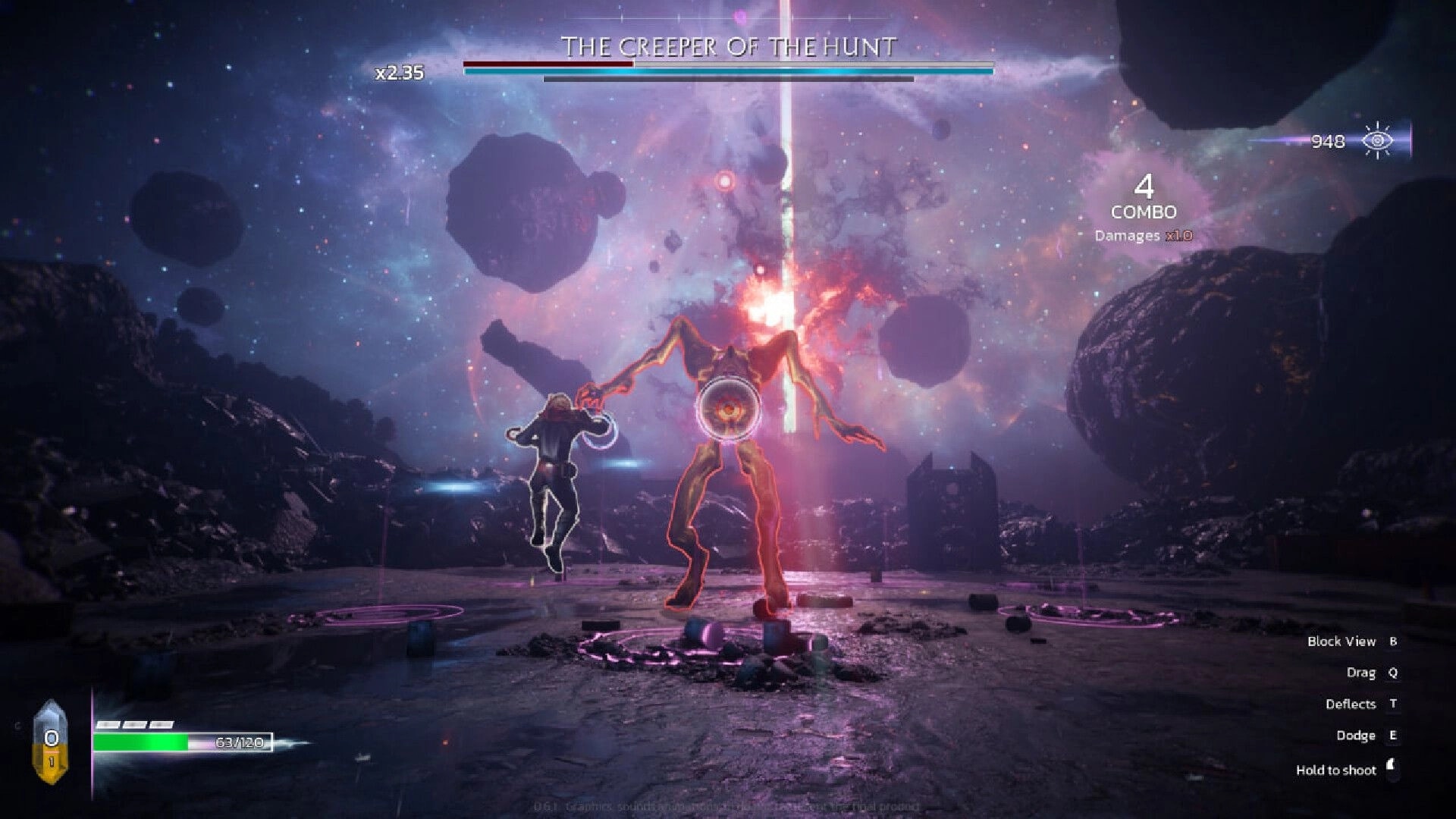Sole Salvation: Boss fight vs The Creeper of the Hunt on a rocky arena under a starry sky UI visible.