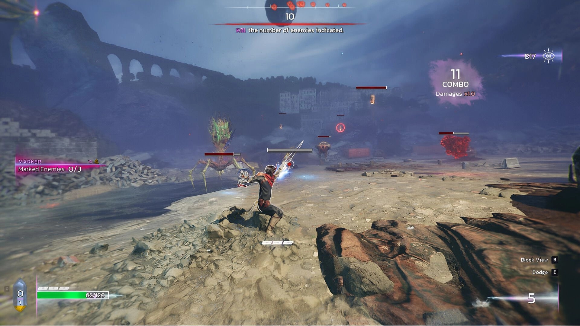 Sole Salvation: Player aims glowing ranged attack at monsters on a rocky shore under combo UI and quest text.