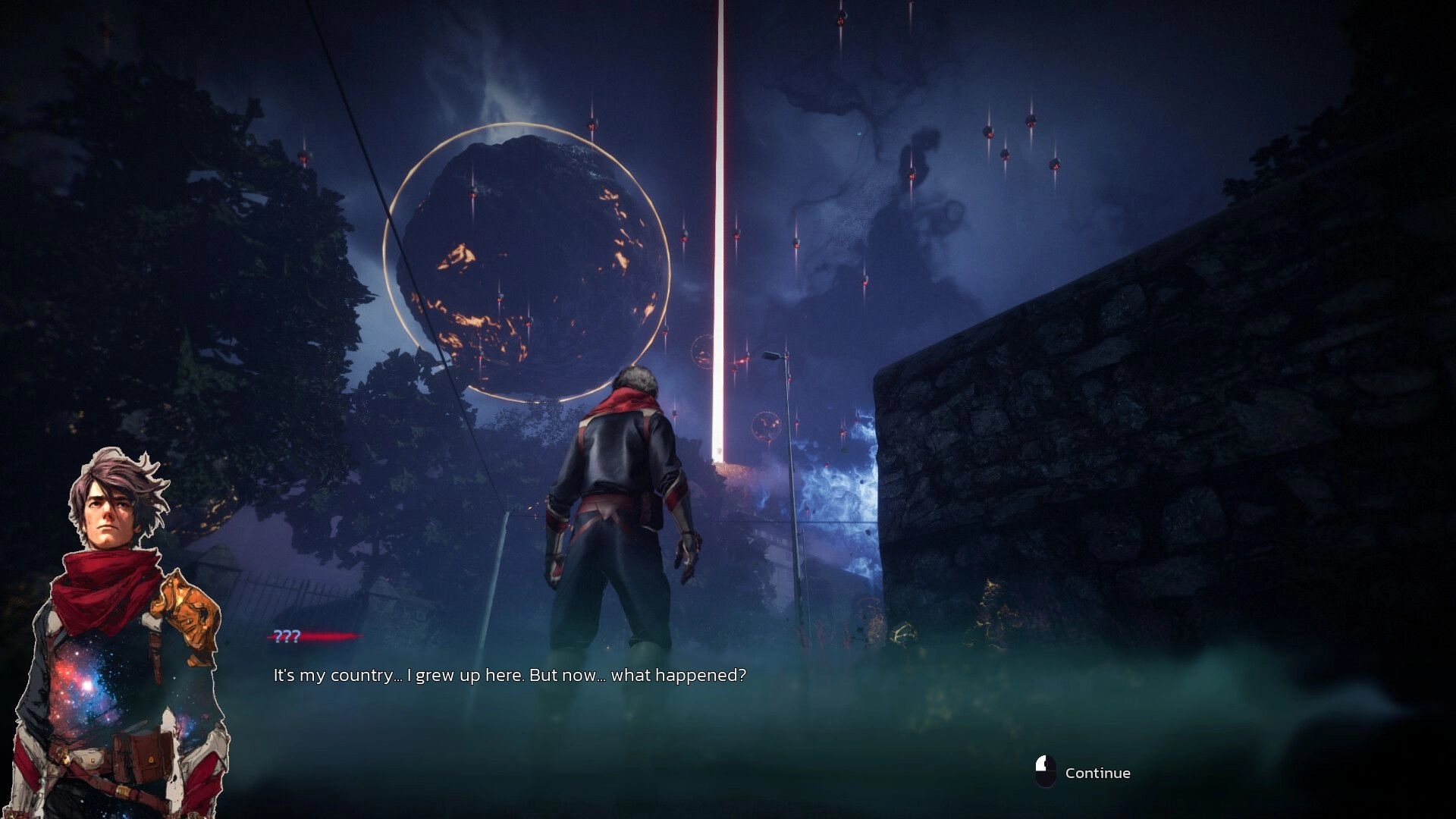 Sole Salvation: Hooded hero in dialogue scene under burning moon and red beams in misty ruins.
