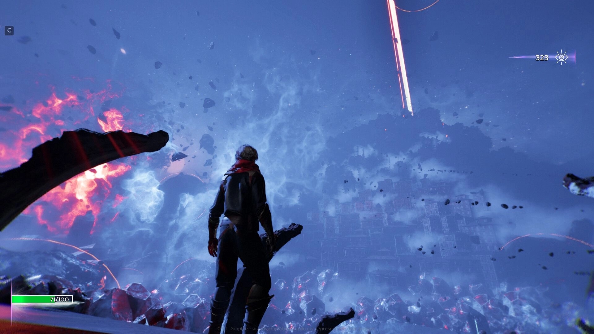 Sole Salvation: Hero holding a weapon amid floating debris overlooking a stormy ruined cityscape.