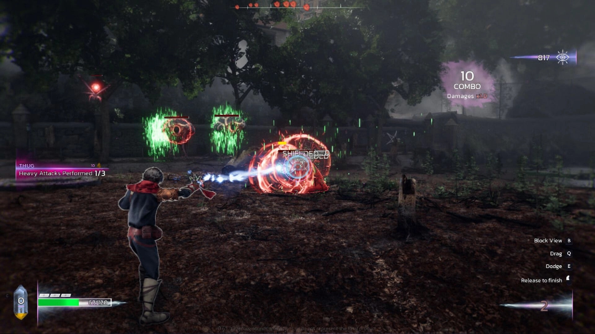 Sole Salvation: Player fires a blue beam at shielded foes, 10 combo UI in a misty forest arena.