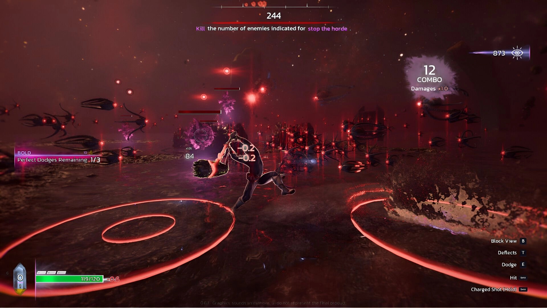 Sole Salvation: Player swings weapon amid red warning circles in corrupted arena swarming with enemies.