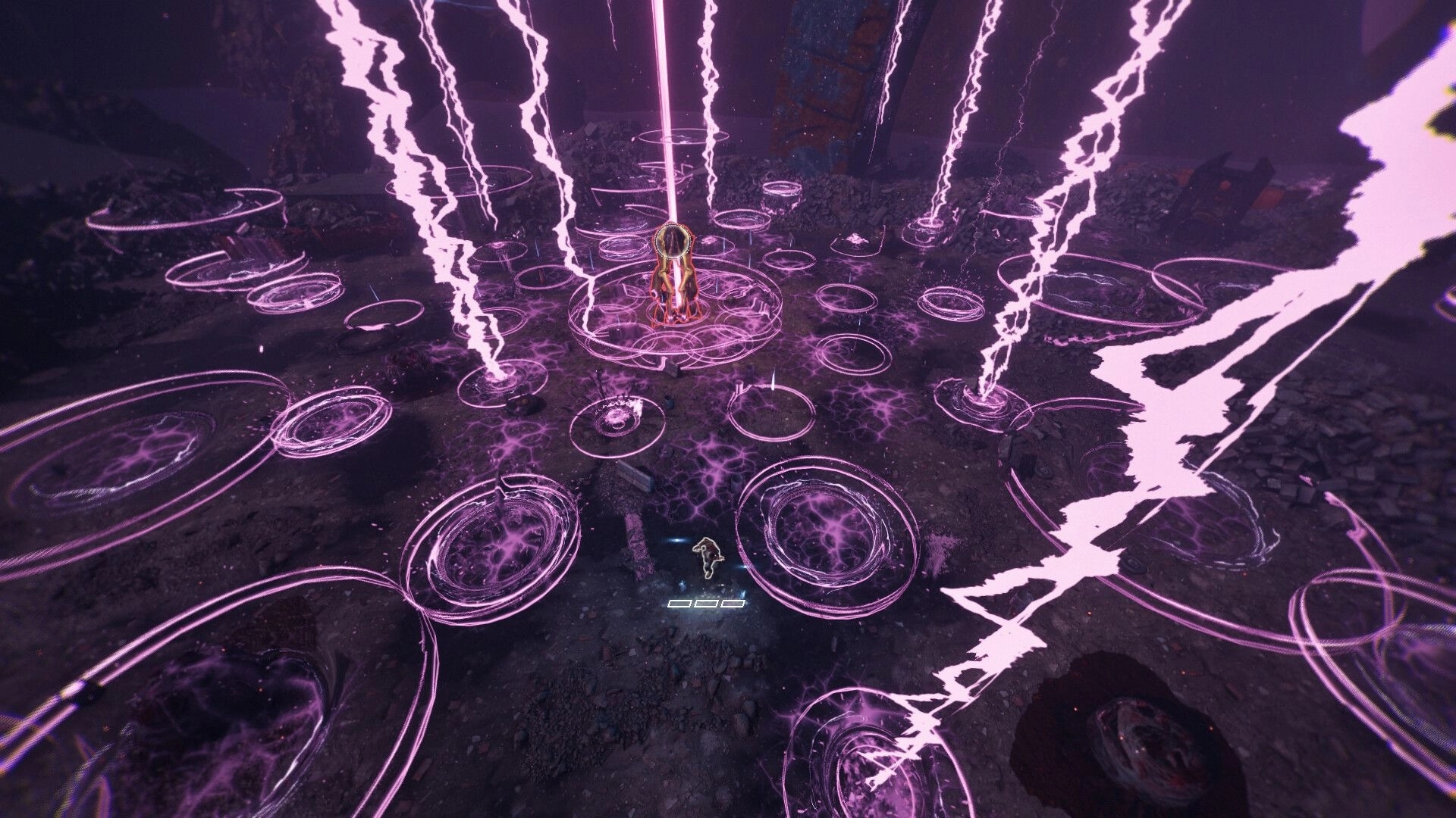Sole Salvation: Player stands in purple lightning sigils as energy pillars strike a ruined arena floor.