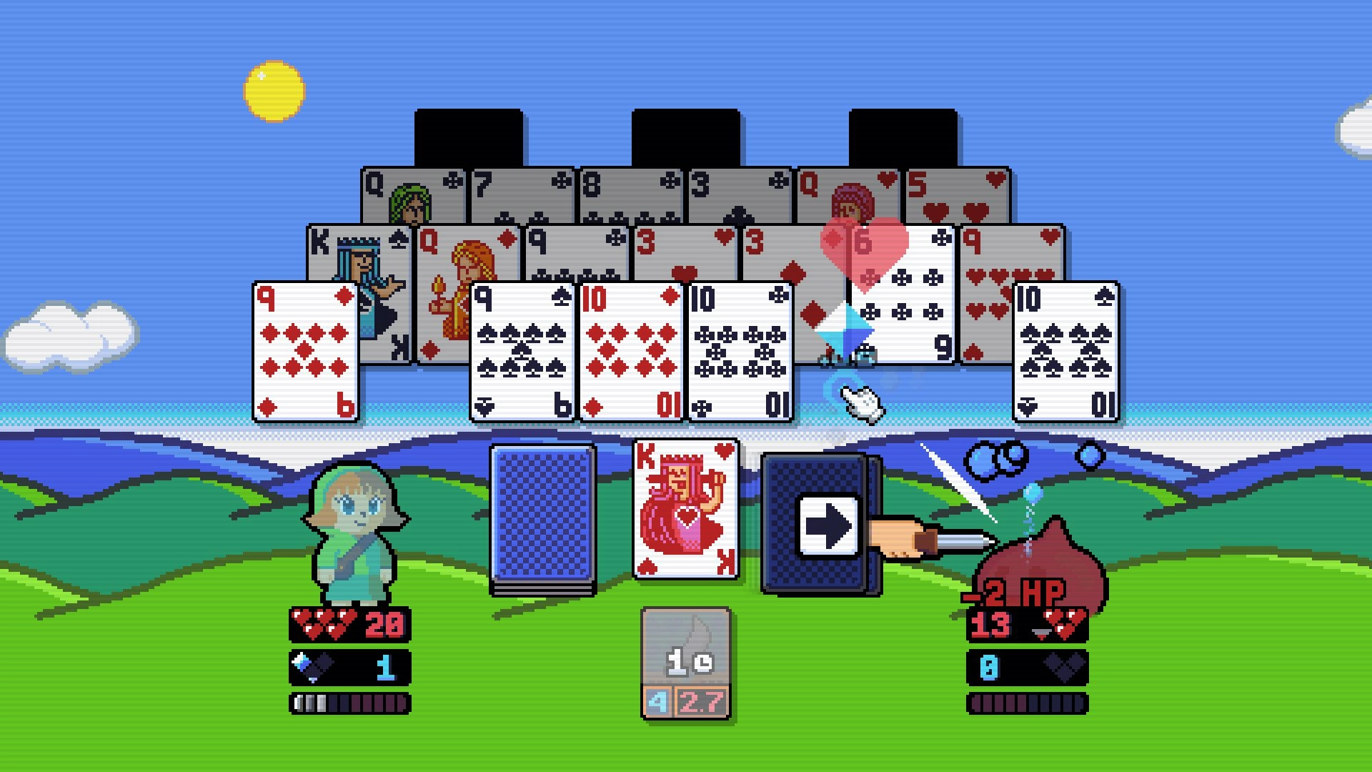 Solitaire Battle: Card duel with character stats and deck in colorful pixel-art landscape setting