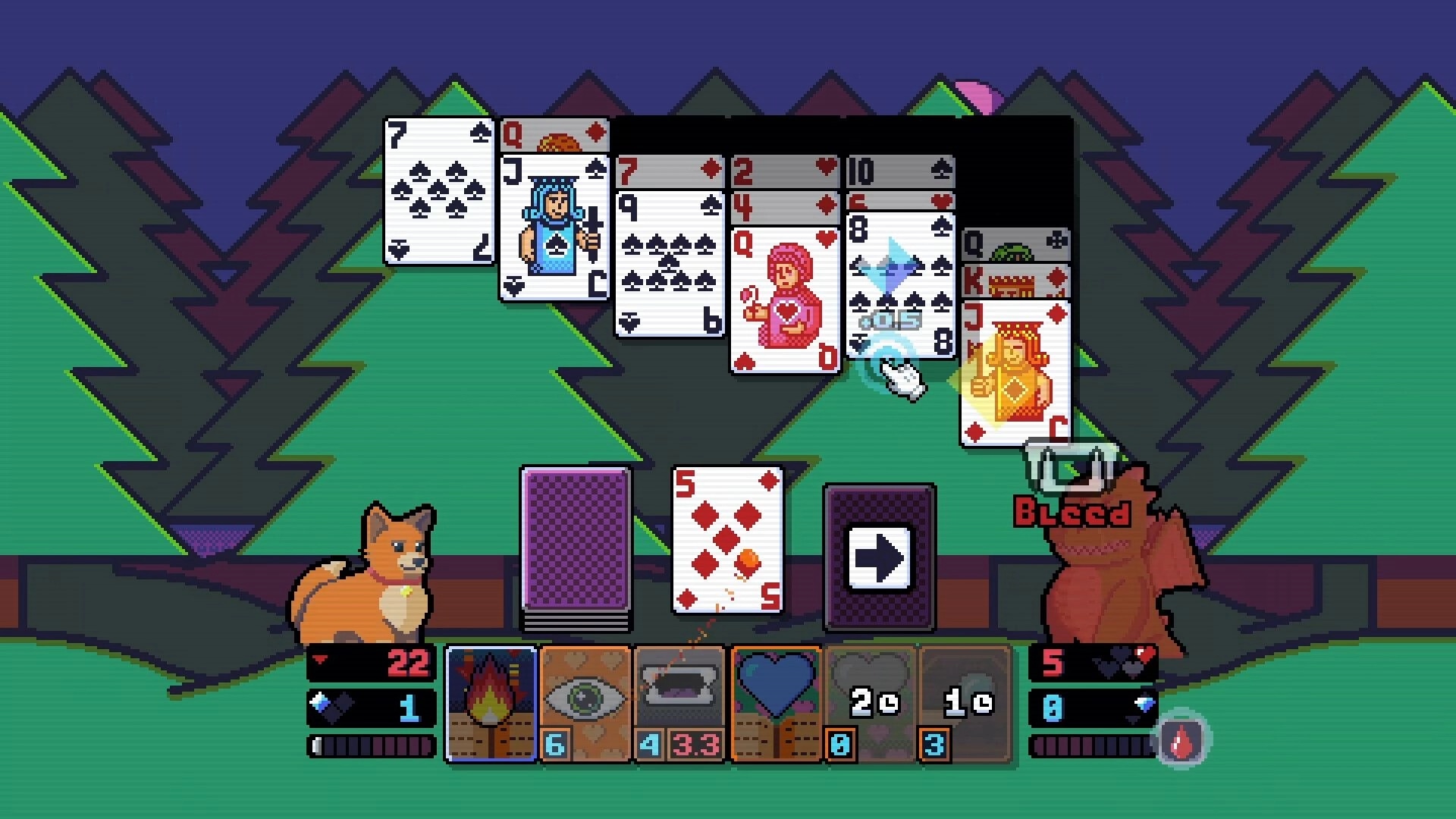 Solitaire Battle: Card battle with forest backdrop, fox ally, and enemy bear displaying "Bleed" status