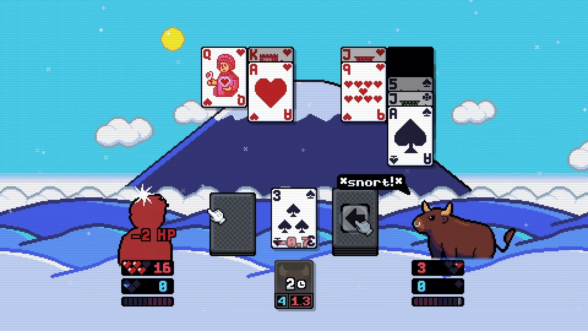 Solitaire Battle: Card combat against a bull in snowy mountains, with health points and card stats displayed.