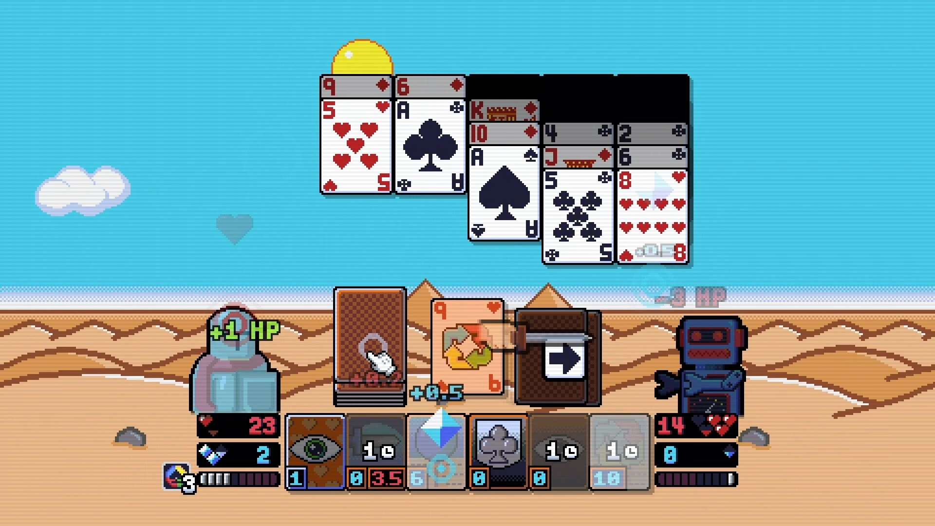 Solitaire Battle: Card combat in desert with health bars, deck, and enemy robot in pixel art style