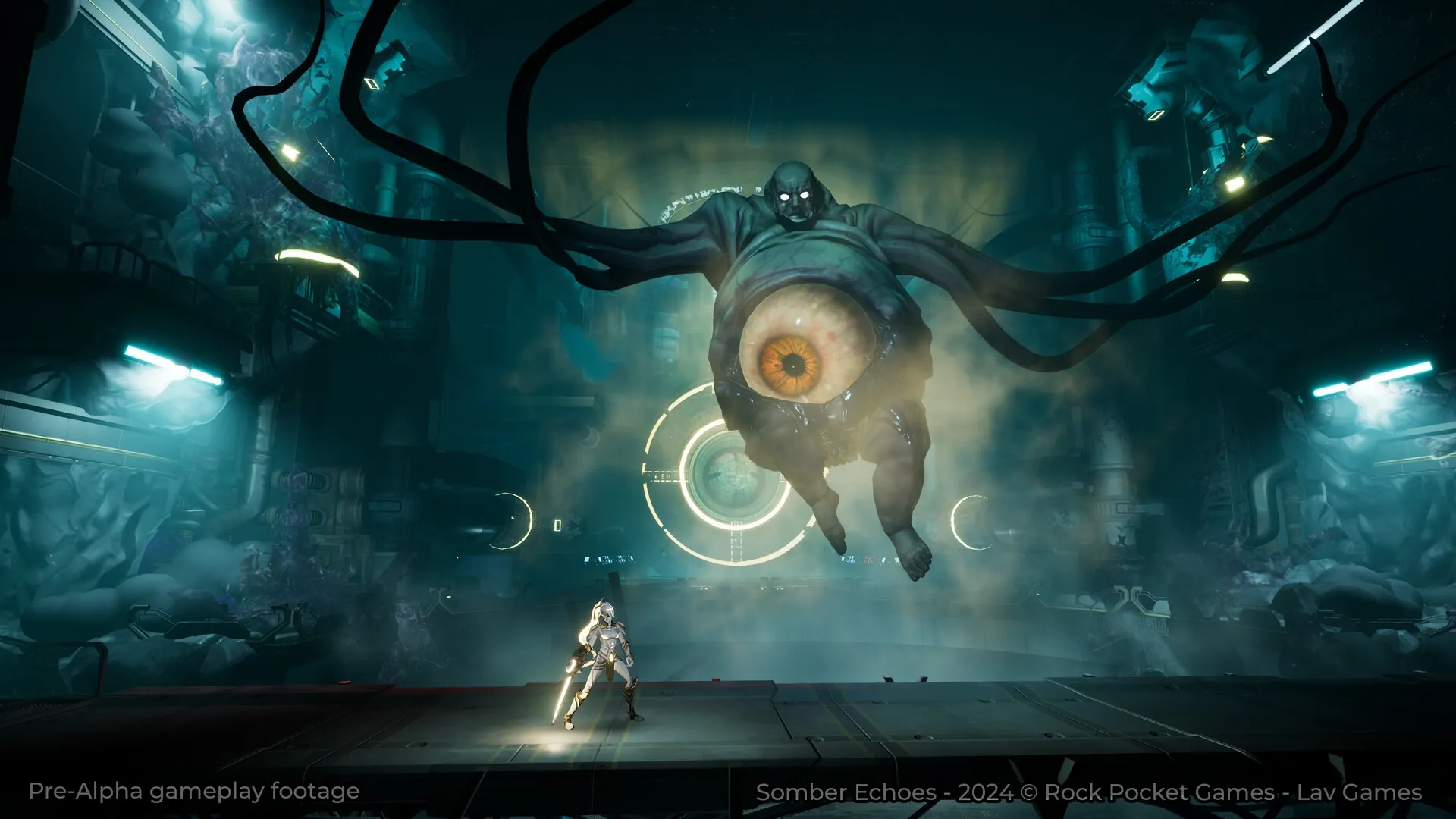 Somber Echoes: Adrestia confronts giant creature with glowing eye in dark spaceship chamber
