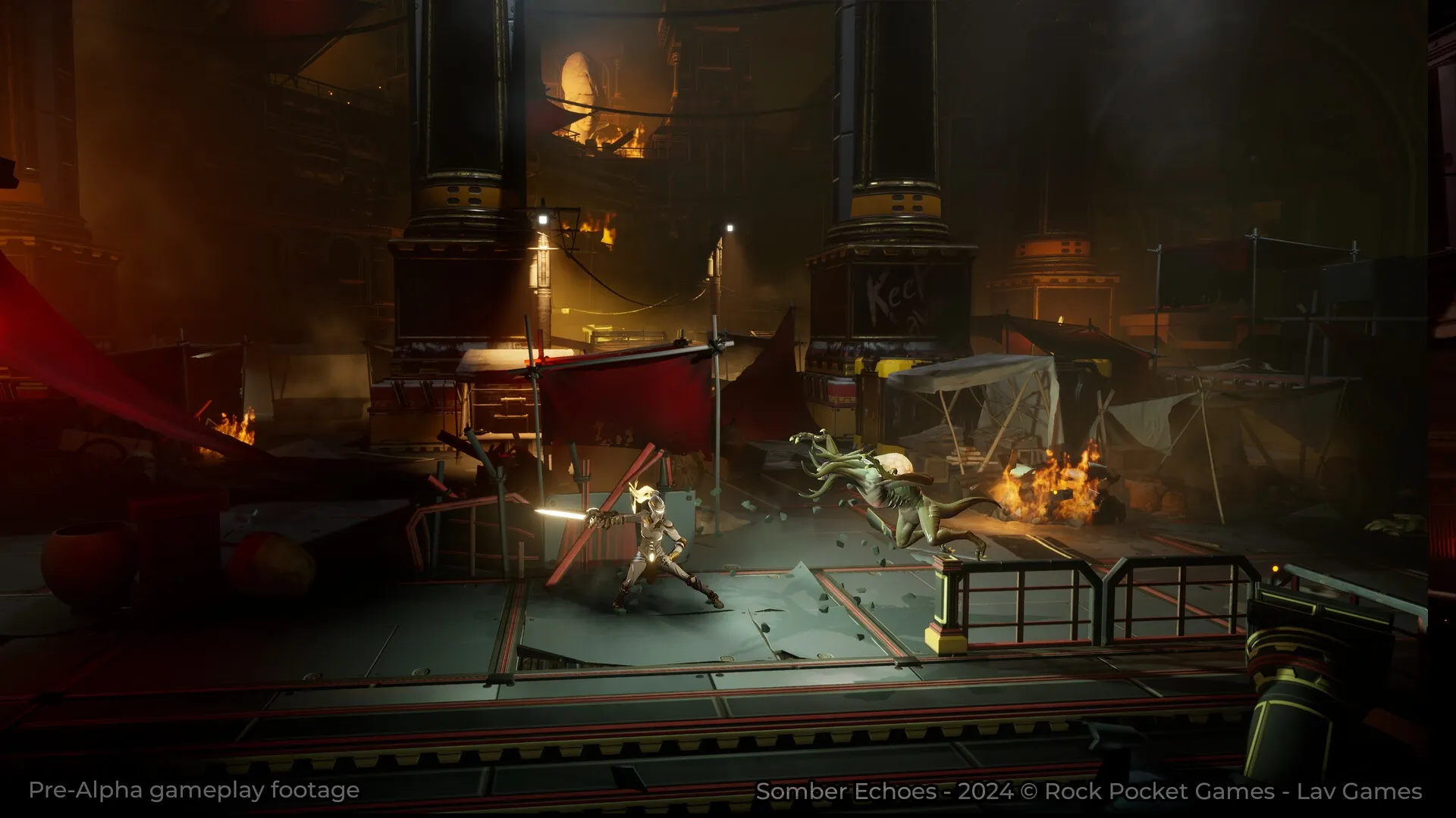 Somber Echoes: Adrestia battles alien creature amidst burning wreckage in the spaceship Atromitos.