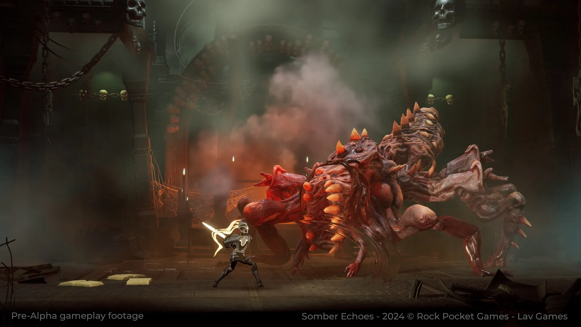 Somber Echoes: Adrestia battles a massive creature in a dark, eerie chamber filled with skulls and chains.