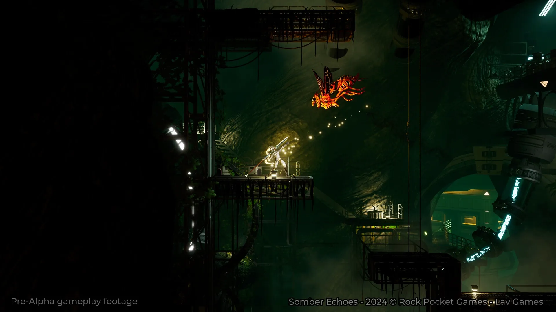 Somber Echoes: Adrestia battles a flying creature on dimly lit platforms inside the spaceship Atromitos