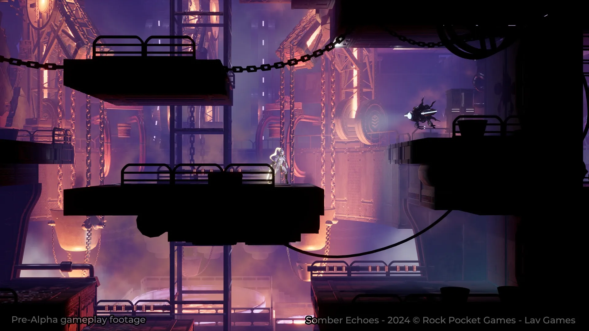 Somber Echoes: Adrestia stands on a platform facing a mechanical enemy in dimly lit industrial corridors.